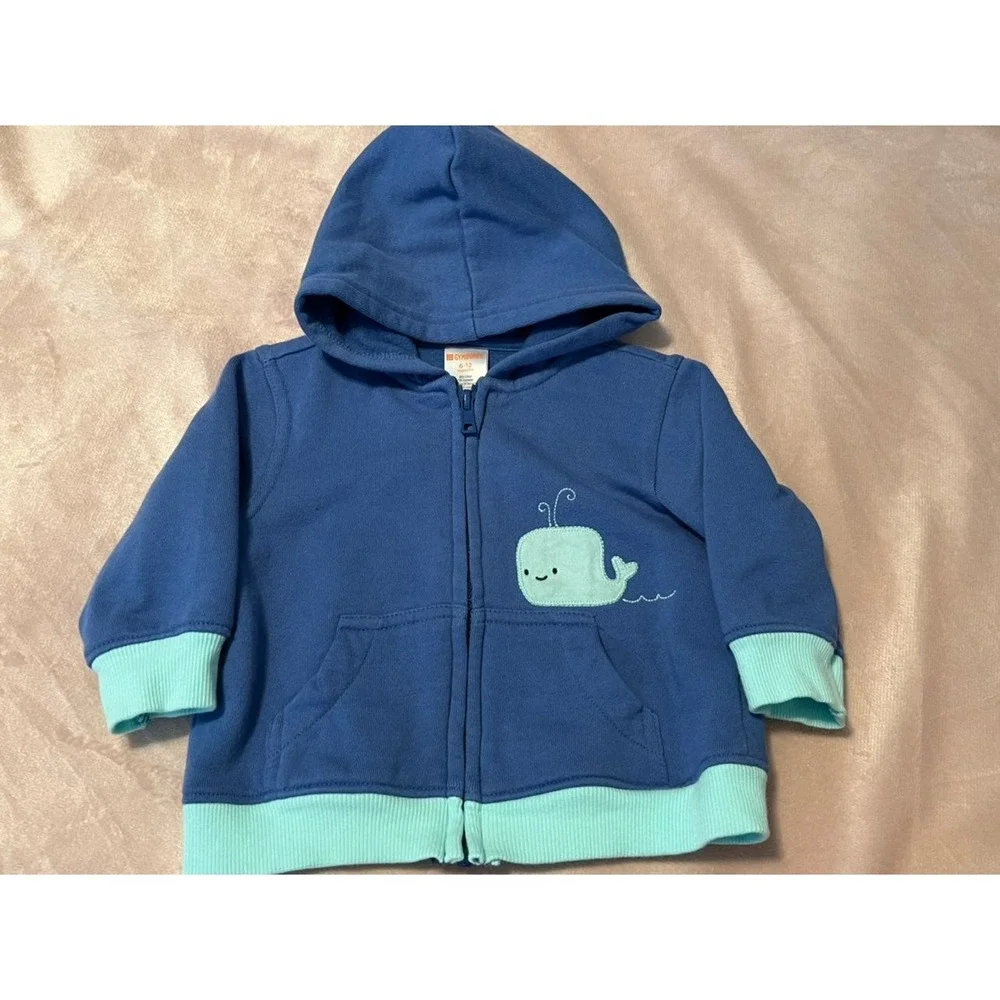 Gymboree Baby Boys Blue Whale Embroidered Zip Up Hoodie Sweatshirt 6-12 Months